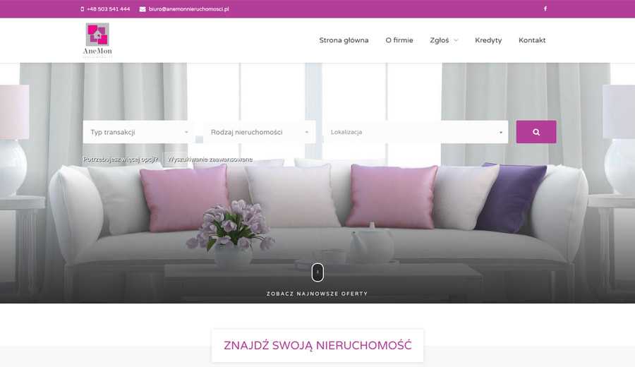 Zrzut ekranu głównej strony portalu www.anemonnieruchomosci.pl